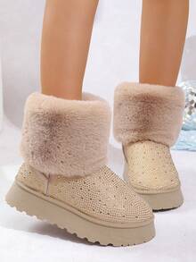 2025 Nuovi stivali da neve invernali da donna in taglia grande, in morbido pile beige con strass, versatili, con suola spessa e calda, scarpe casual con fodera in pelliccia spessa