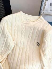 秋冬休闲刺绣圆领粗针织毛衣，女款新款宽松开衫针织衫