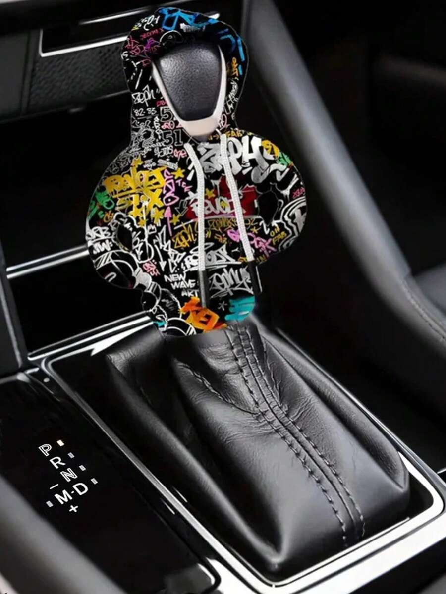 涂鸦风格换挡杆连帽衫 - 趣味标语卫衣设计，适用于汽车换挡杆套，弹力贴身，充满活力的街头艺术图案，耐用针织面料，适用于手动变速箱，换挡杆连帽衫，汽车配件及装饰 - 彩色 - 查看 1