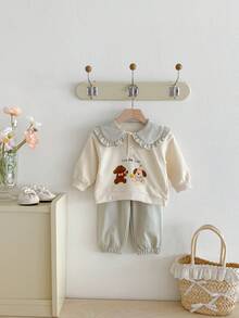 2 件套女婴可爱荷叶边领卡通熊和狗印花运动衫 + 粉色抽绳裤舒适休闲宽松装，春秋 - 杏色 - 查看 3