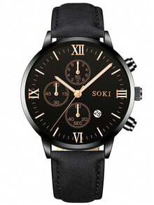 1pc Men's Watch, Calendar Function, Fashionable Round Dial Quartz Watch, PU Strap, Suitable For Daily Wear, Birthday Gift, Party, Holiday Gathering, Ideal Gift For Yourself Or Friends. No Packaging Box Included. - Black - View 6