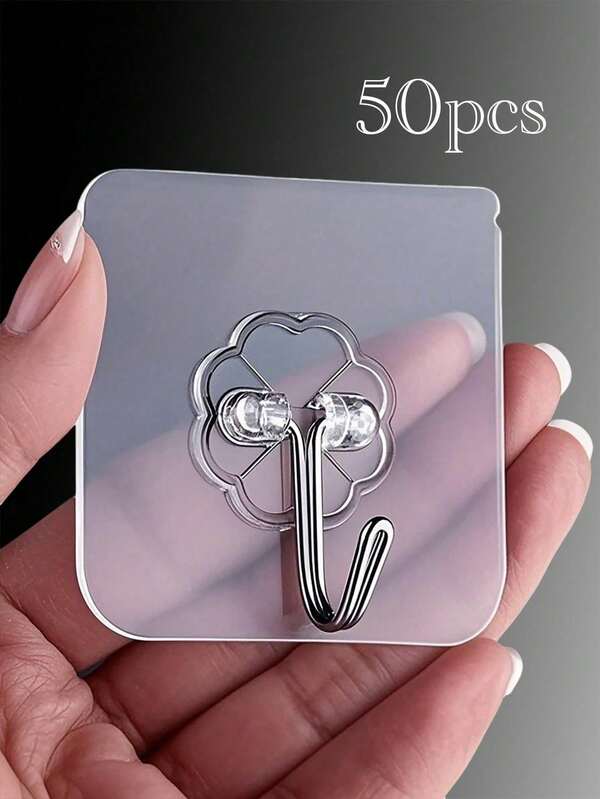 60PCS/30pcs/20pcs/10pcs/1pc Translucent Strong Adhesive Hooks, No Need To Drill Holes, Punch-Free Traceless Load-Bearing Hooks, Strong Adhesive Hangers, Removable, Transparent, Waterproof, Rust-Proof, Suitable For Clothes, Hats, Tableware, Shoes, Accessories, Kitchenware, Bags, Kitchen, Bathroom, Living Room, Bedroom, Wall Hanging, Multi-Functional Hanging Storage Rack, Suitable For Family Room Wall Door Cabinet