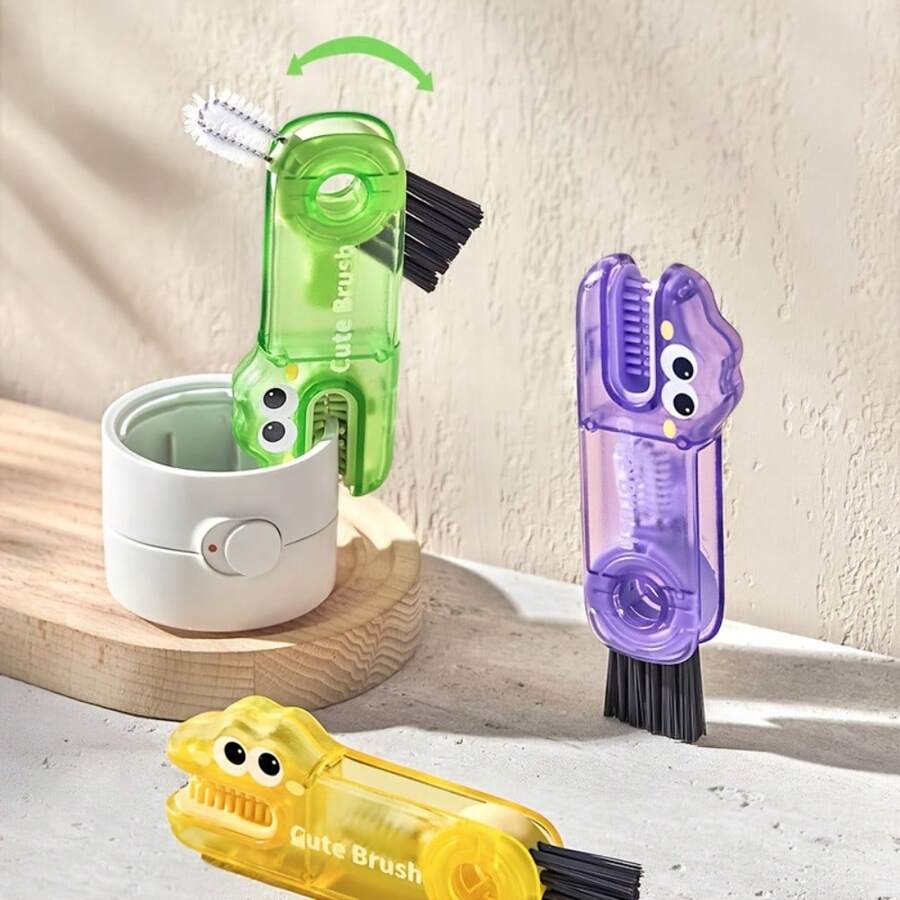 3-In-1 Crocodile Shaped Cup Brush: Ergonomic Handle, Easy To Clean Hard-To-Reach Areas, Durable Multi-Functional Design - Suitable For Bottles, Baby Bottles, Etc. (Purple/Yellow/Green) - Fits 90% Of Containers - 1 Random Color - View 1