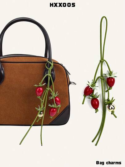 HXXOOS One Y2K Cherry Tomato Bag Charm Keychain, Red Faux Fruit Beads + Green Leaf Braided Cord + Gold Bell Lucky Charm, Detachable Quick Clip, Lightweight; Fits Tote/Baguette/Shoulder/Backpack/Boston Bags; For Commuting/School/Travel; Good-Luck Gift For Girls/Women/Students/Couples; Also A Car Lucky Pendant.