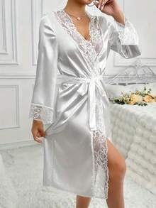 Women's Satin Robe - Sexy Lace Trim V-Neck Robe, Adjustable Waist Tie, Loose Fit, Suitable For All Seasons, Machine Washable, Loungewear, Sexy Sleepwear, Lace Details - White - View 6