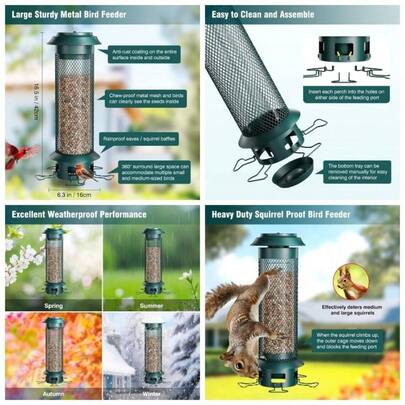 Squirrel Proof Metal Bird Feeder, Wide Feeding Space, Removable Tray Easy Cleaning, 5 Perches, 4 Lbs Capacity, Weight - Activated Tube Bird Feeder Out