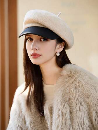 1 件女士纯色大檐双色仿毛顶贝雷帽，冬季棒球帽，新款保暖厚八角帽，撞色，透气羊毛画家帽，优雅款式弧形帽檐帽，可水洗，保暖性极佳，适合秋冬休闲装、散步、购物