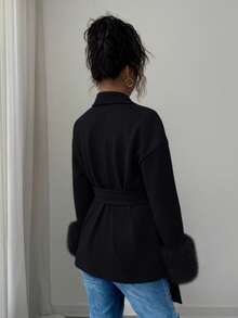 女士优雅仿毛皮饰边系领梭织面料长袖外套 - 黑色 - 查看 3