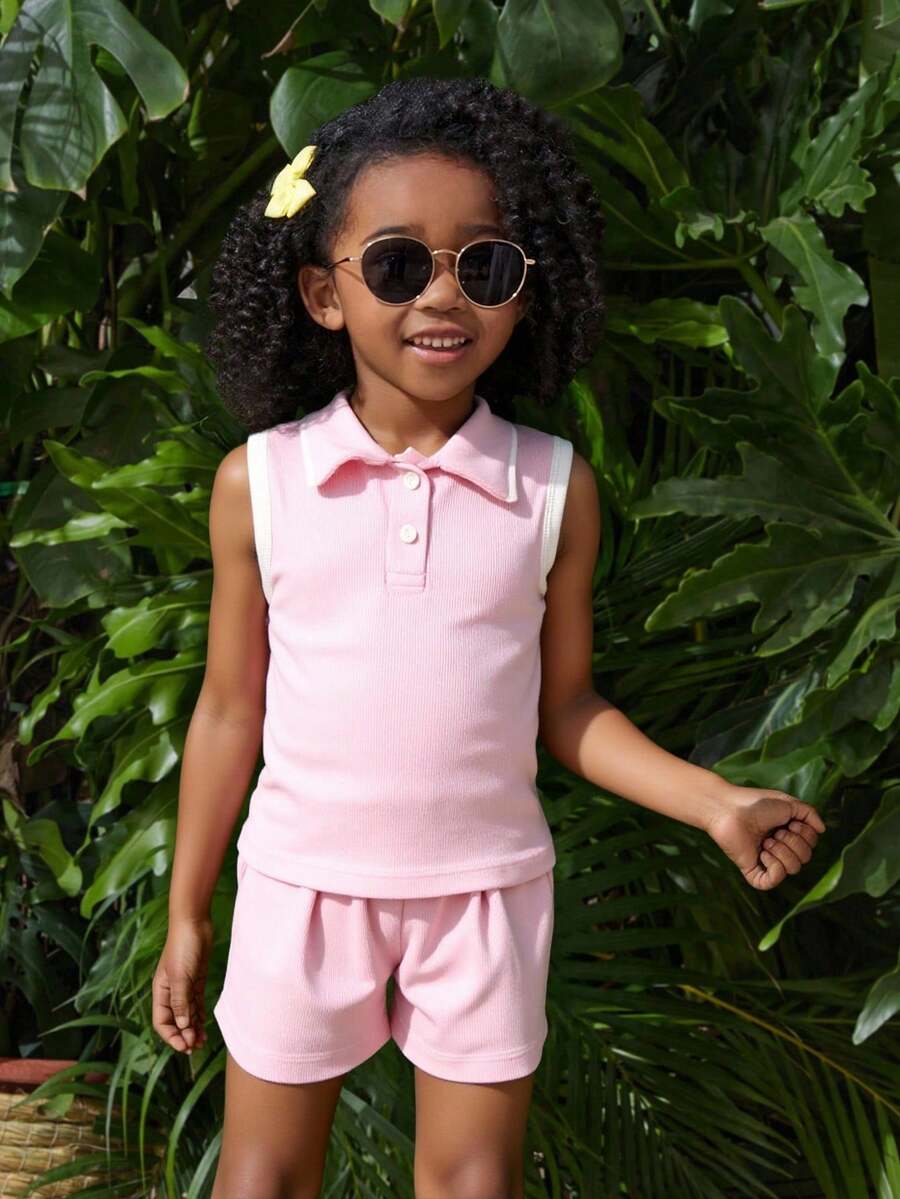 Conjunto Infantil de DoS Pieza para Niña – Polo sin Mangas y Short en Colores Vibrantes - Rosa pastel - Ver 1