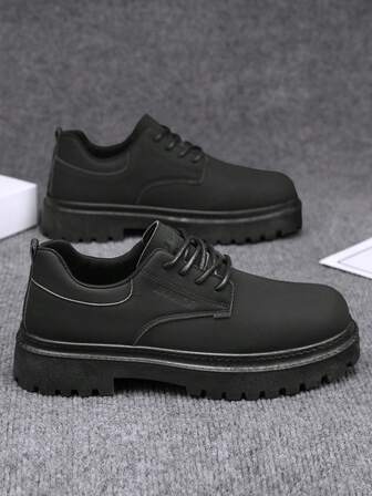  1 par de Zapatos casuales de suela gruesa con cordones WARRIOR para hombres, zapatos planos de exterior de puntera redonda y tacón bajo antideslizante, unicolor elegante y suela blanda adecuados para fotos de graduación de estudiantes, zapatillas de cuero de caña baja para hombres