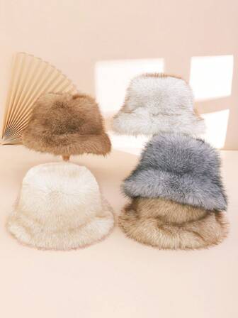 1pc Women's Dual-Tone Fleece Thick Warm Winter Bucket Hat, Fashion Korean Style, Suitable For Casual Outings And Daily Wear In Autumn/Winter