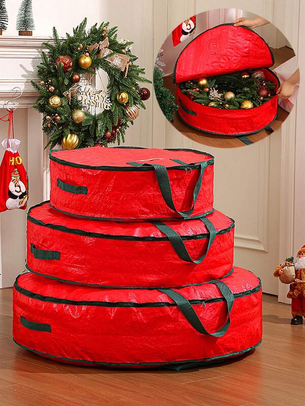 1pc Christmas Wreath Storage Bag, Holiday Themed Tote, Tear-Resistant Protective Bulk Pack,Gift Storage Bags, Wrapping Paper Storage Bags,Durable, Tarp Material, Zipper, Sturdy Carry Handles, 3 Sizes To Choose From: 24in, 30in, 35in,Pest Protection - Ideal Home, Garage Organization For Seasonal Holiday Wreath Decorations(Red)