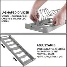 Portaoggetti espandibile per coperchi di pentole, adatto per armadietti, con 7 divisori regolabili in acciaio inossidabile per l'organizzazione e lo stoccaggio in cucina, design pieghevole, ottimo regalo per la mamma (bianco, grigio)