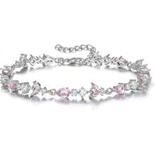 Crysdue Wedding Bridal Link Bracelet Brides Bridesmaids, Marquise Cubic Zirconia Tennis Bracelets Women Prom Jewelry - 02_粉紅色,銀色 7.5-9.1英寸 - 查看 1
