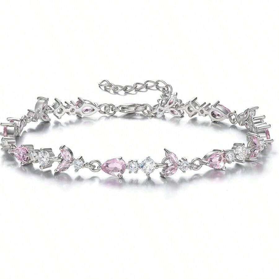 Crysdue Wedding Bridal Link Bracelet Brides Bridesmaids, Marquise Cubic Zirconia Tennis Bracelets Women Prom Jewelry - 02_粉紅色,銀色 7.5-9.1英寸 - 查看 1