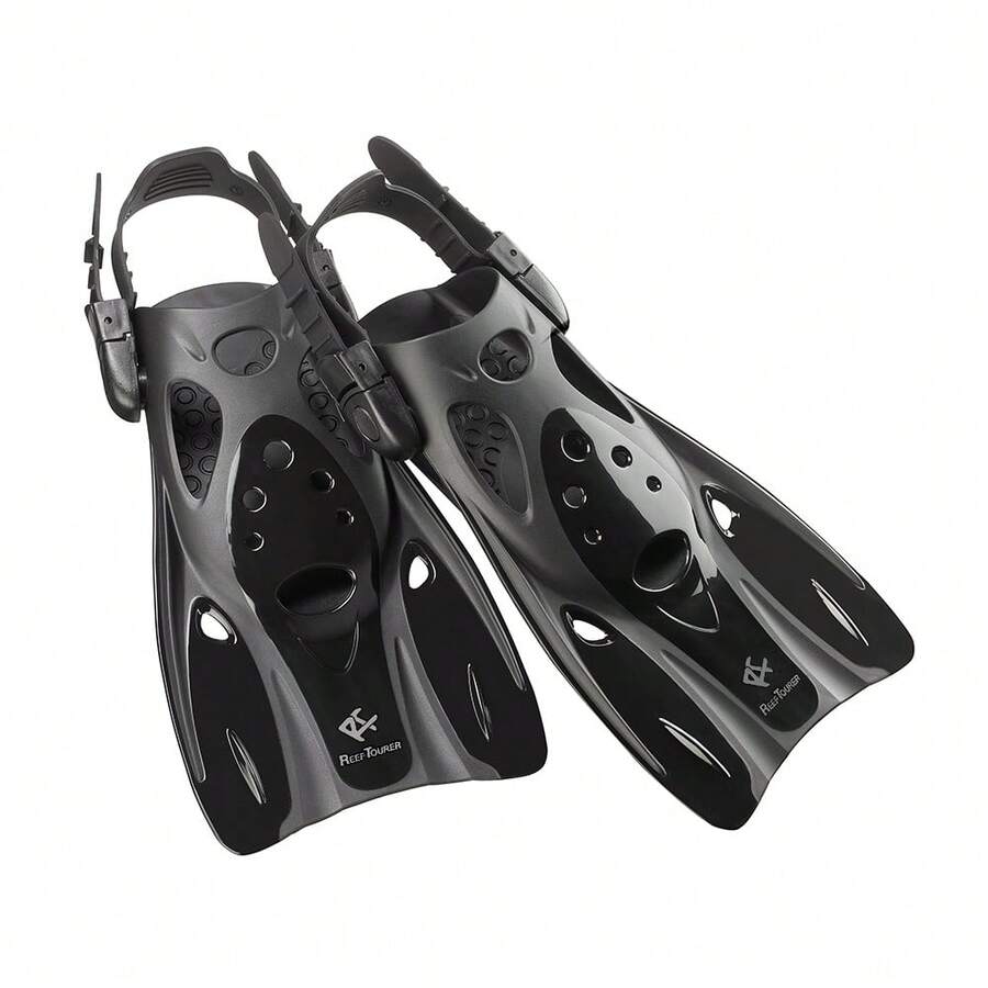 Reef Tourer Snorkel Fins, Adjustable Open Heel, Compact Short Blade Swimming Snorkeling Flippers, Travel Size, RF0106P - Black - View 1