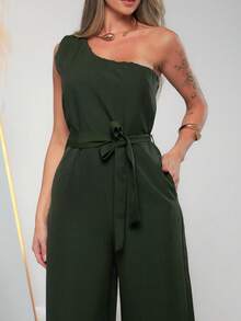 Macacao feminina de um ombro com Bolso Dividido com cinto de tecios para Amarrar C3152 - Verde Militar - Visão 7