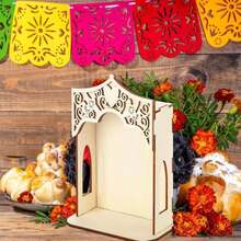 Qunclay 1 Pcs Dia De Los Muertos Altar Ofrenda Box, Poplar Plywood Self-Painting Color Sacred Heart And Pigeon Papel Picado The Day Of The Dead Supplies For Dia De Los Muertos Decorations (Large)