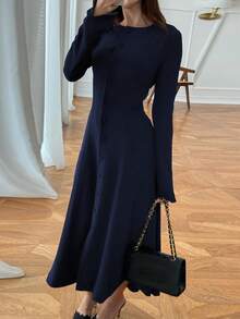 女士通勤长袖单排扣休闲衬衫裙，纯色，休闲梭织面料，常规版型，建议春季选购大一码，优雅百搭。 - 寶藍色 - 查看 6