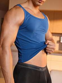 Camiseta sin mangas para hombre estilo básico sencillo tela elástica color sólido ajustada cuello redondo primavera verano para casa y deporte - Neblina azul - Ver 3