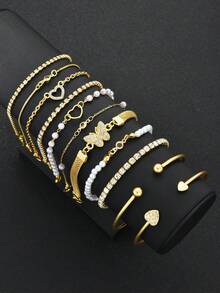 Bộ 3/8 chiếc vòng tay ngọc trai giả hình trái tim và bướm đơn giản dành cho nữ, dùng khi đi nghỉ, hẹn hò, làm quà tặng, phụ kiện thường ngày mùa hè - Vàng 1 - Xem 4