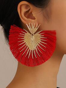 1 Pair Western Style Retro Exaggerated Heart-Shaped Fan Tassel Earrings For Women – Unique Personality Jewelry Perfect For Daily Wear, Parties, Festivals, And Gift Giving – Ideal For Valentine's Day, Mom, Mother's Day - 紅色 - 查看 7