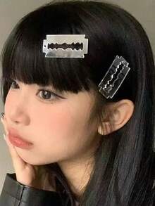3pcs Punk Style Faux Razor Blade Hair Clips, Edgy Bangs Clips, Hairstyle Accessories, Hair Claws, Hair Slide, Hair Barrettes - 銀色 - 查看 9