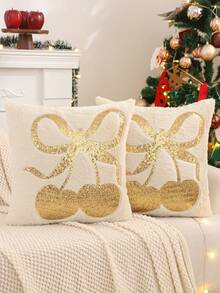 1 pieza/2 piezas Funda de cojín decorativo navideño, bordado de lentejuelas doradas de cereza navideña, decoración rústica para sala de estar y dormitorio, regalo navideño