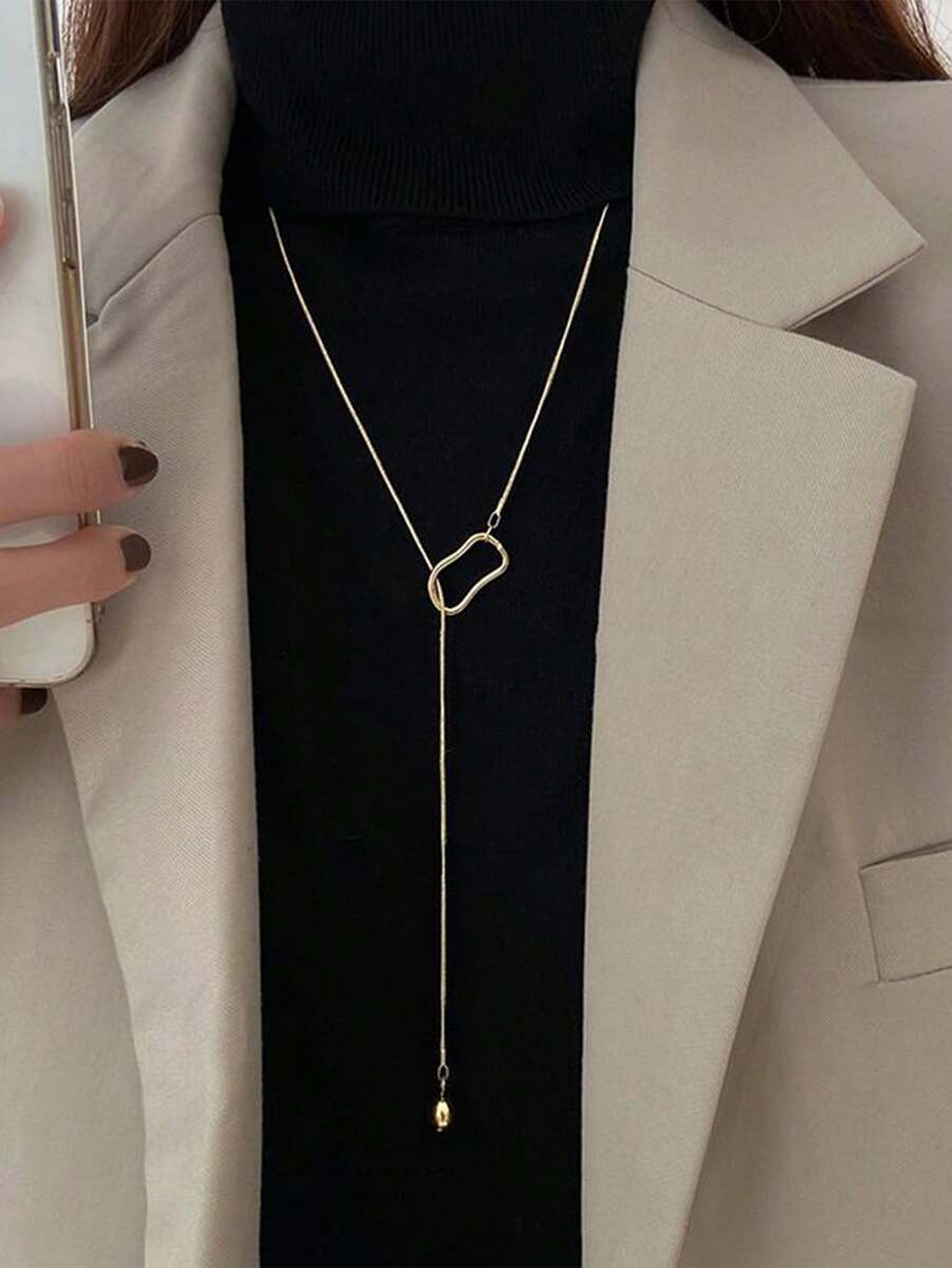 1 chiếc vòng cổ xích bi vàng tối giản sang trọng dành cho nữ, dây chuyền áo nỉ rỗng hình học, thích hợp cho tiệc tùng, quà tặng và đeo hàng ngày - Vàng - Xem 1