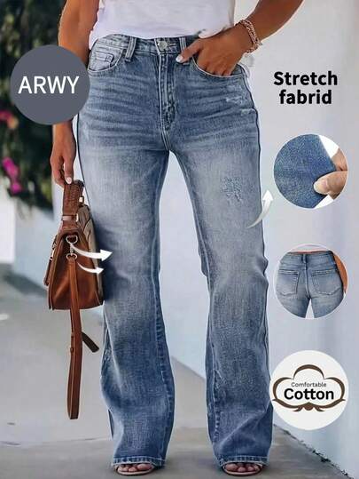 ARWY Casual Straight Leg Washed Denim Jeans With Pockets & Zipper, Stretchy Plus Size Flare Leg Jeans For Women, Suitable For Daily, Airport, Travel, Formal, Vacation, Back To School, Pride Month, Christmas, All Seasons