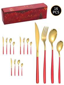4/16/24pcs Stainless Steel Square Handle Steak Knife Fork Spoon Cutlery Set, With Christmas Gift Box For Home Kitchen, Dining, Hotel, Wedding