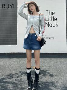 Women's Casual Fashionable Versatile Y2k Style Denim Mini Skirt - Dark Wash - View 6