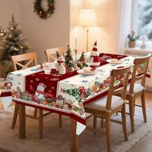 Une nappe de Noël joyeuse - motifs de fleurs rouges et d'arbres de Noël, en polyester, décorations rectangulaires pour le repas de fête