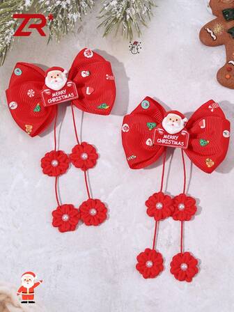 2개 꽃 술이 달린 산타 클로스 헤어 클립, 소녀와 십대를 위한, 빨간색 리본 헤어 액세서리, 달콤하고 귀여운, 홀리데이 헤어 클립, 걸 헤어 장식