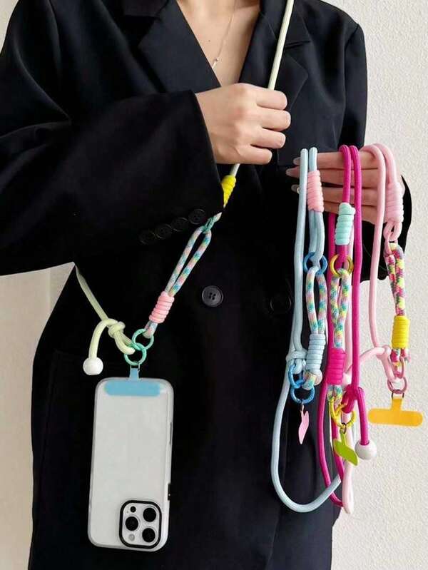 1pc Woven Multifunction Phone Lanyard With Cartoon Pendant, Anti-Drop Crossbody Strap