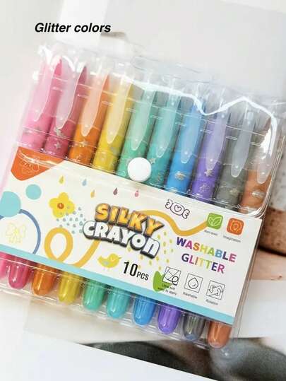 10 pièces Crayons de cire à effacer à torsion, pailleté et pastel - Gel lisse et lavable, facile à mélanger, idéal pour les livres de coloriage, les projets artistiques et les fournitures scolaires.