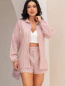 Long Sleeve Top And Shorts Set Combination - 玫紅色 - 查看 2