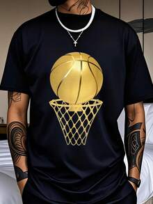 Camiseta gráfica de baloncesto para hombres - Diseño de aro negro y dorado, camiseta de cuello redondo - Camiseta de poliéster transpirable para deportes, atuendos casuales, fiestas - Lavable a máquina, top diario para hombres y adolescentes - Regalo ideal de cumpleaños/vacaciones, atuendo de fiesta, look deportivo, material duradero, ropa elegante, entusiastas del deporte - Negro - Ver 2