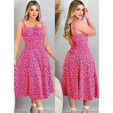 HIGH QUALITY ROMANTIC FLORAL MIDI DRESS - Hot Pink - View 2