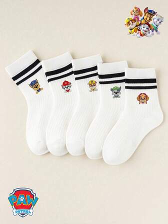 5 Pairs "" Ryder Chase Rubble Zuma Rocky Dog Cartoon Pattern Children's Socks Black Double Bar White Mid-Calf Socks