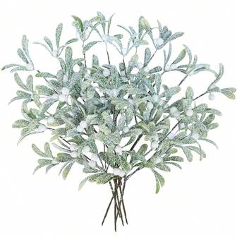 2 Pcs Frosted Artificial Mistletoe Spray Christmas Greenery Floral Stems Branches Faux Mistletoe Picks With White Berry 12.6" Tall For Winter Christmas Tree Floral Arrangement