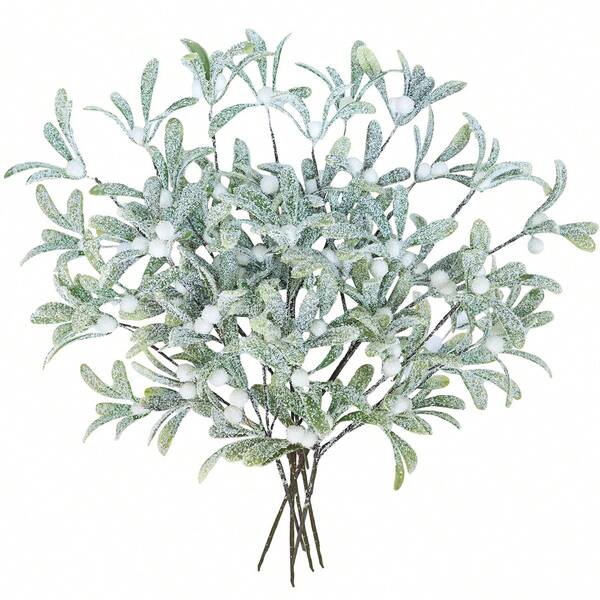 2 Pcs Frosted Artificial Mistletoe Spray Christmas Greenery Floral Stems Branches Faux Mistletoe Picks With White Berry 12.6" Tall For Winter Christmas Tree Floral Arrangement