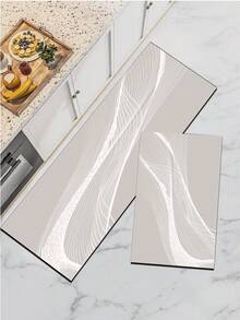 1 pezzo Tappetino da cucina in gel di silice, sfondo grigio chiaro con motivo a linee curve bianche, che presenta un effetto visivo liscio e dinamico, design minimalista ma elegante