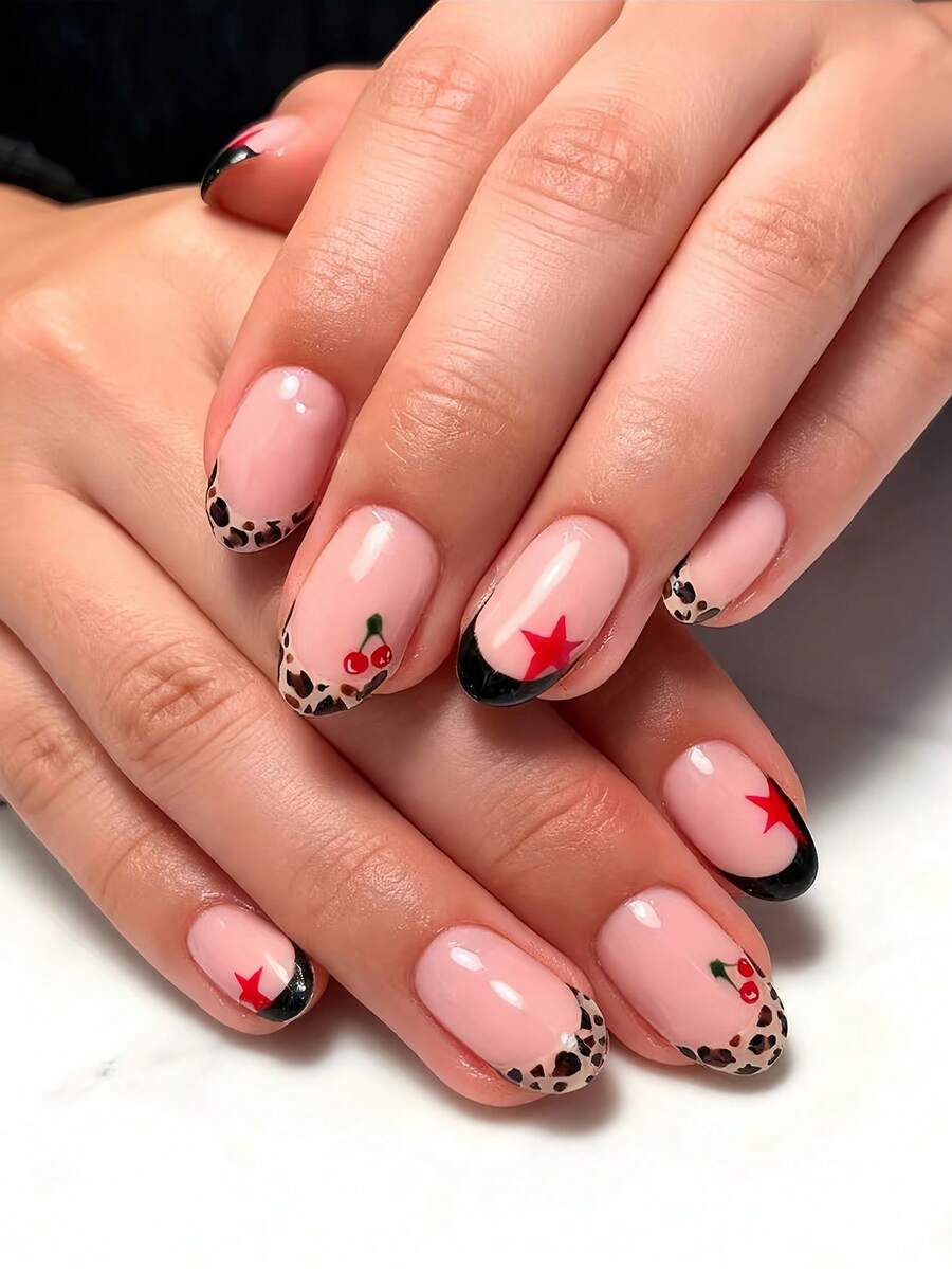 Instantly Upgrade Your Look With 96pcs Press On Nails Almond Y2K Star Cherry Leopard Black French Tip Nails Full Coverage Fake Nails For Women And Girls Includes 1sheet Adhesive Tabs & 1pc Mini Files Suitable For Autumn And Winter Seasons Party Date And Office Daily Wear False Nails Jelly Glue Is Randomly Shipped