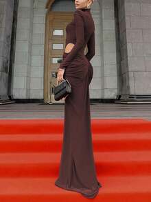 Women's Solid Color Padded Shoulder Pleated Hollow Out Long Dress, Sexy Fashionable Elegant Fitted Dress, Suitable For Birthday Party, Club Date, Casual Wear Summer - Brown - View 7