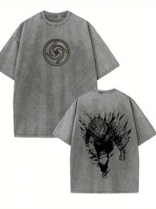GLEC Japanese Hot Blooded Cartoon Anime, Simple And Versatile On The Streets Throughout The Four Seasons. Retro Fashion Bloody Warrior Popular Letter Pattern Printed Boutique 230g Washed Cotton T-Shirt, Suitable For Men To Wear All Year Round. High Quality Retro Fashion Brand Loose, Soft And Comfortable Gray Casual T-Shirt, Suitable For Outdoor Wear All Year Round, With A Certain Thickness. It Is Suitable For Daily Wear, Friend Gifts, And Back To School Gifts. - 灰色 - 查看 1