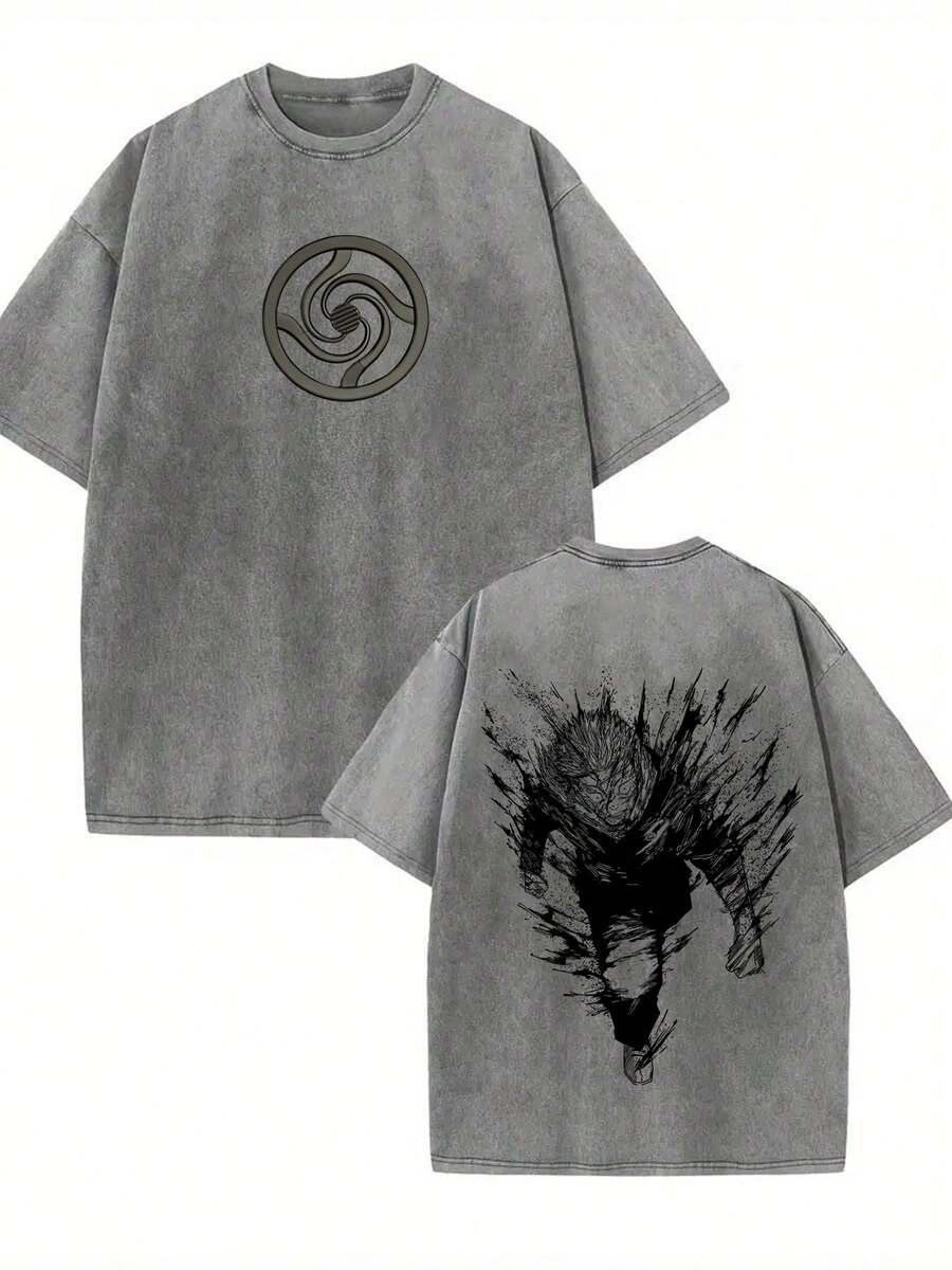 GLEC Japanese Hot Blooded Cartoon Anime, Simple And Versatile On The Streets Throughout The Four Seasons. Retro Fashion Bloody Warrior Popular Letter Pattern Printed Boutique 230g Washed Cotton T-Shirt, Suitable For Men To Wear All Year Round. High Quality Retro Fashion Brand Loose, Soft And Comfortable Gray Casual T-Shirt, Suitable For Outdoor Wear All Year Round, With A Certain Thickness. It Is Suitable For Daily Wear, Friend Gifts, And Back To School Gifts. - 灰色 - 查看 1