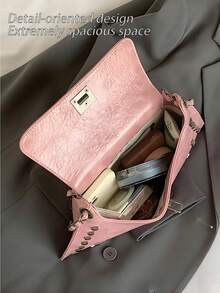 1pc Solid Color PU Leather Handbag With Lock Closure, Fashionable Crossbody Bag For Shopping, Dating, Women's Gift, Great For Office, School, Work - 粉色 - 查看 4