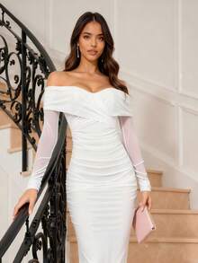 女士优雅弹力网眼褶皱露肩修身开衩长款派对连衣裙，适合日常和特殊场合 - 白色 - 查看 3