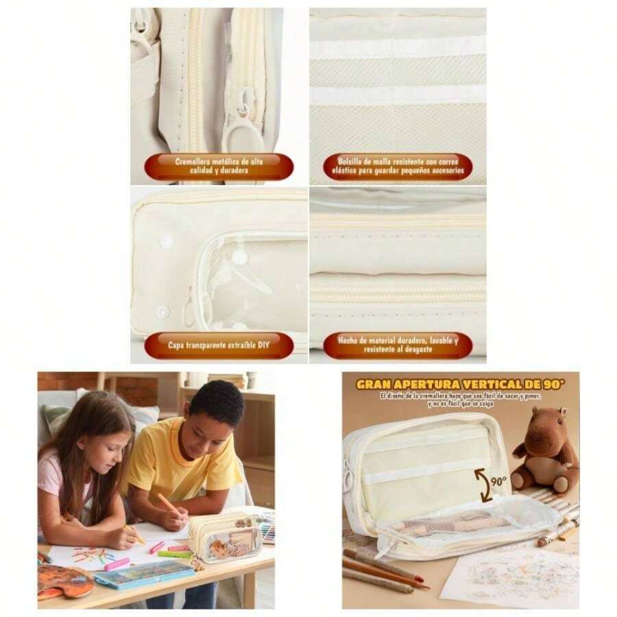 Bonito Estuche para Lpices de Carpincho, Caja de Almacenamiento de Papelera con Pegatinas y Otras decoraciones, Lapiceras Escolares de Gran Capacidad con 4 Compartimentos para La Escuela, Oficina - Blanco+25 - Ver 1
